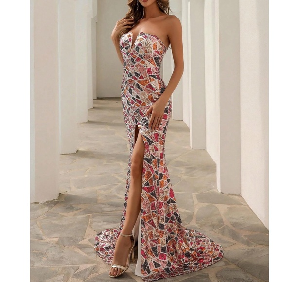 Luxe Colorful Sequin Strapless Formal Prom Wedding Dress - Picture 4 of 7
